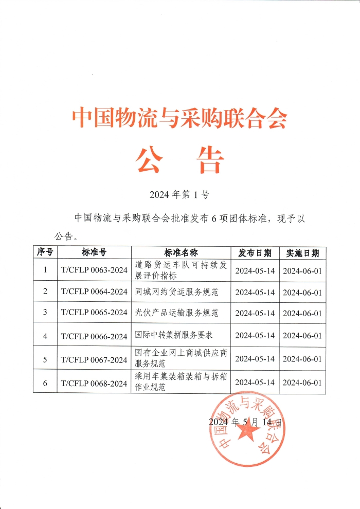 2024年第1号中物联公告 《道路货运车队可持续发展评价指标》等团体标准发布